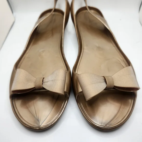 Kate Spade New York Rubber Slingback Flats Bow Metallic Gold Size 8 Jelly Sandal - Picture 2 of 7